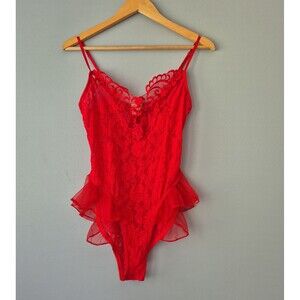 Intimate Style VTG Red Sheer Nylon Beaded Embroidered Teddy Bodysuit Womens LRG